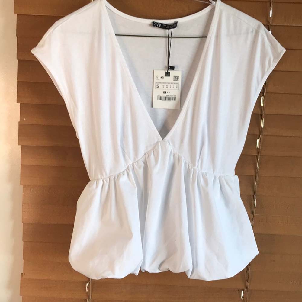 Zara v neck bubble peplum cotton blend white top  NWT